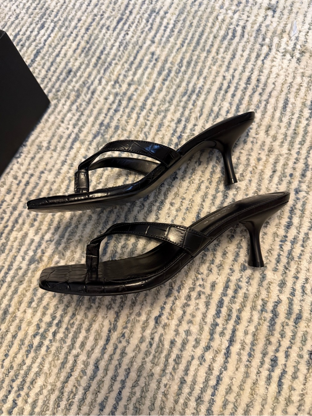 Marc Fisher Black Croc-Texture Square-Toe Thong Mules - Picture 8 of 10
